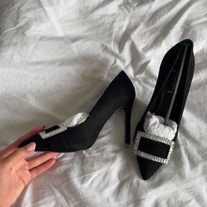 black suede studio rania embellished heels